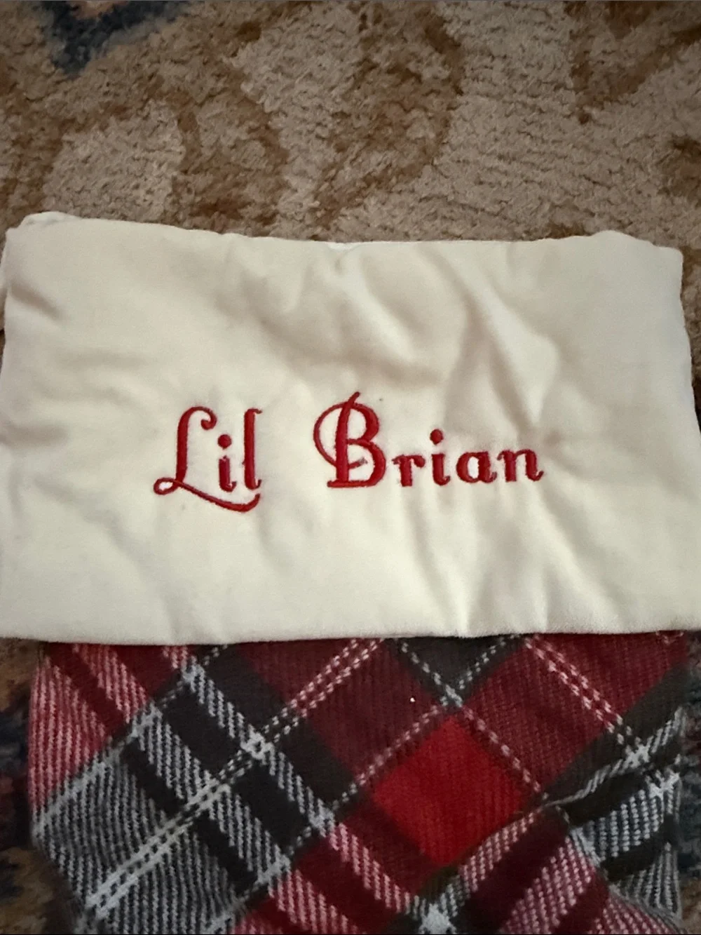 Pottery Barn Red, Cream & Black Plaid Holiday Stocking - 'Lil Brian'